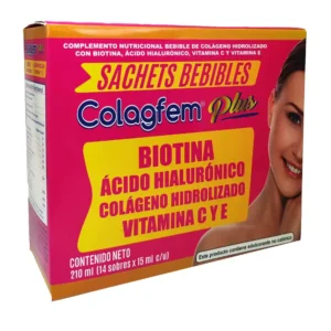 COLAGFEM COLÁGENO BEBIBLE HIDROLIZADO CON BIOTINA, ACIDO HIALURÓNICO, VITAMINA E, X CAJA 210g 14 SACHETS