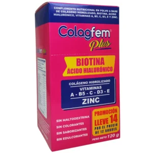 COLAGFEM COLÁGENO HIDROLIZADO CON BIOTINA, ACIDO HIALURONICO, VITAMINA E, X CAJA 12 + 2 SLICKS