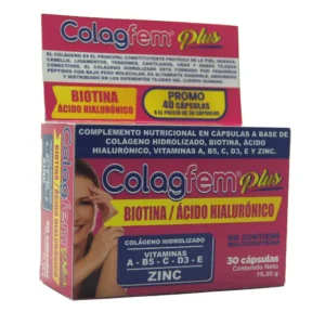 COLAGFEM PLUS COLÁGENO HIDROLIZADO, BIOTINA, ACIDO HIALURÓNICO,VITAMINAS A, B5, C, D3, E Y ZINC X 30 CÁPSULAS